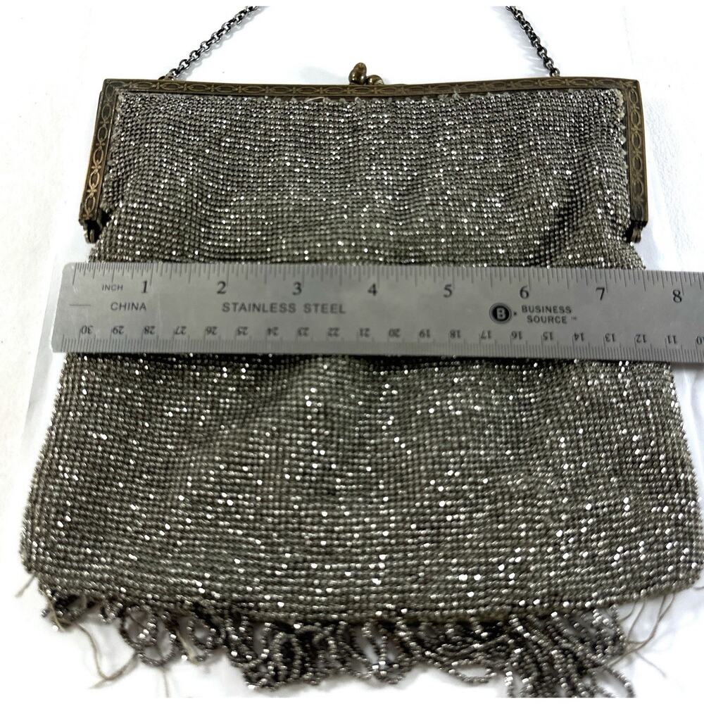 Antique Art Deco Silver Tone Mesh Evening Purse Beaded Fringe Chain Handle 1920s - Picture 5 of 11